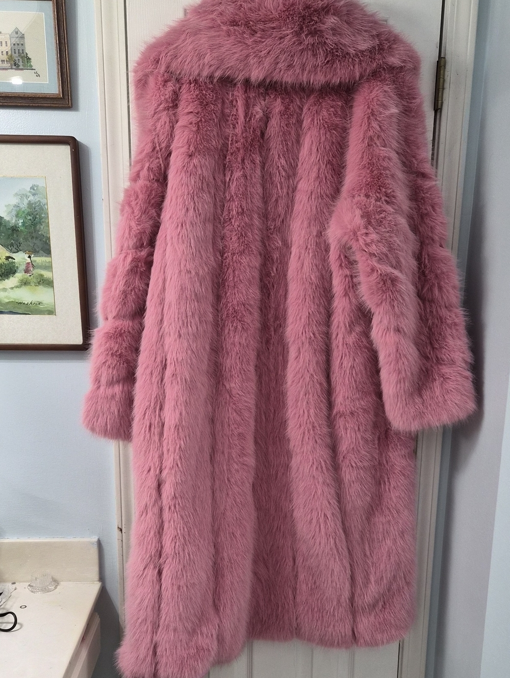 Pink Elegant Women's Long Collar Faux Fox Fur Coat - Picture 7 of 11